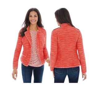 Chico's Tweed Jacket Women Orange Fringe Military Moto Blazer L Career Tailored